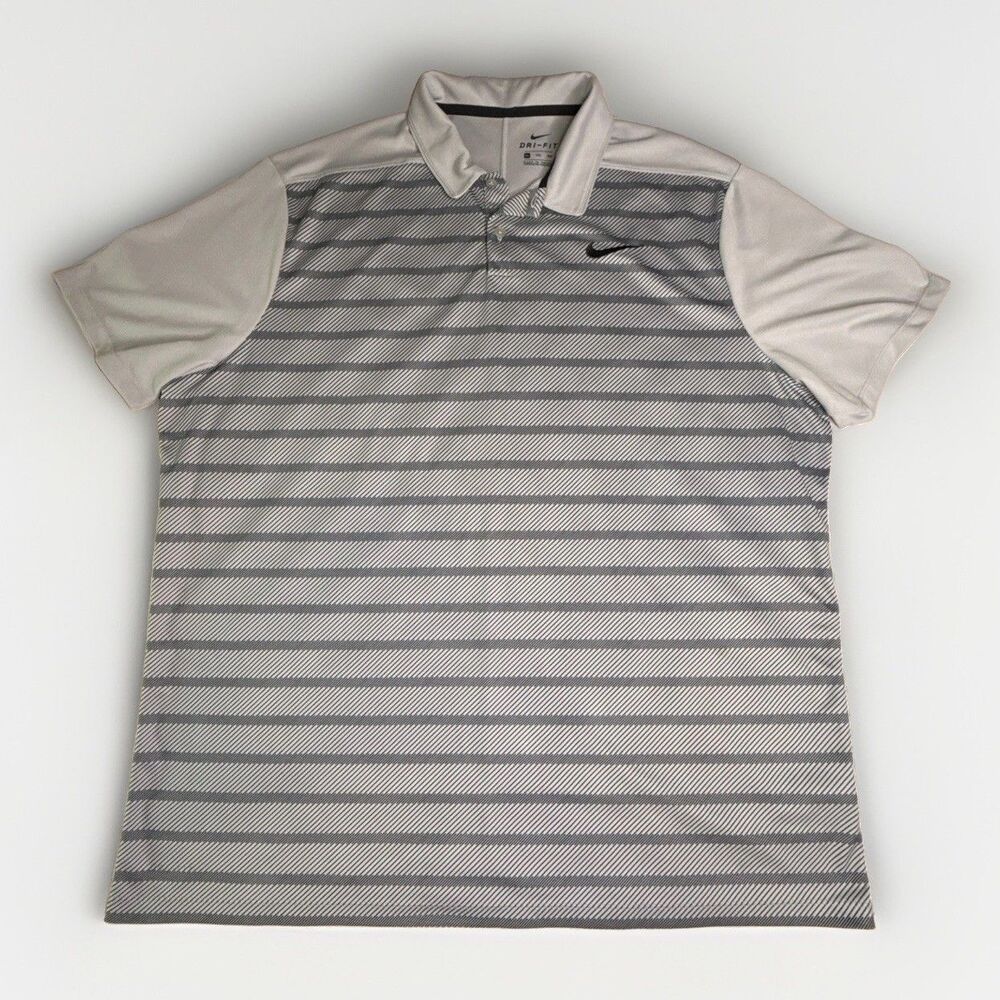Nike Dri-Fit Golf Polo Shirt Mens XXL White Gray Striped Short Sleeve Athletic